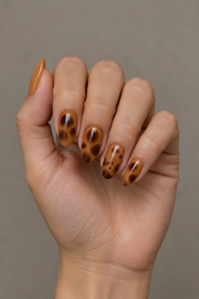 Classic honey and espresso tortoiseshell nails on medium almond shape