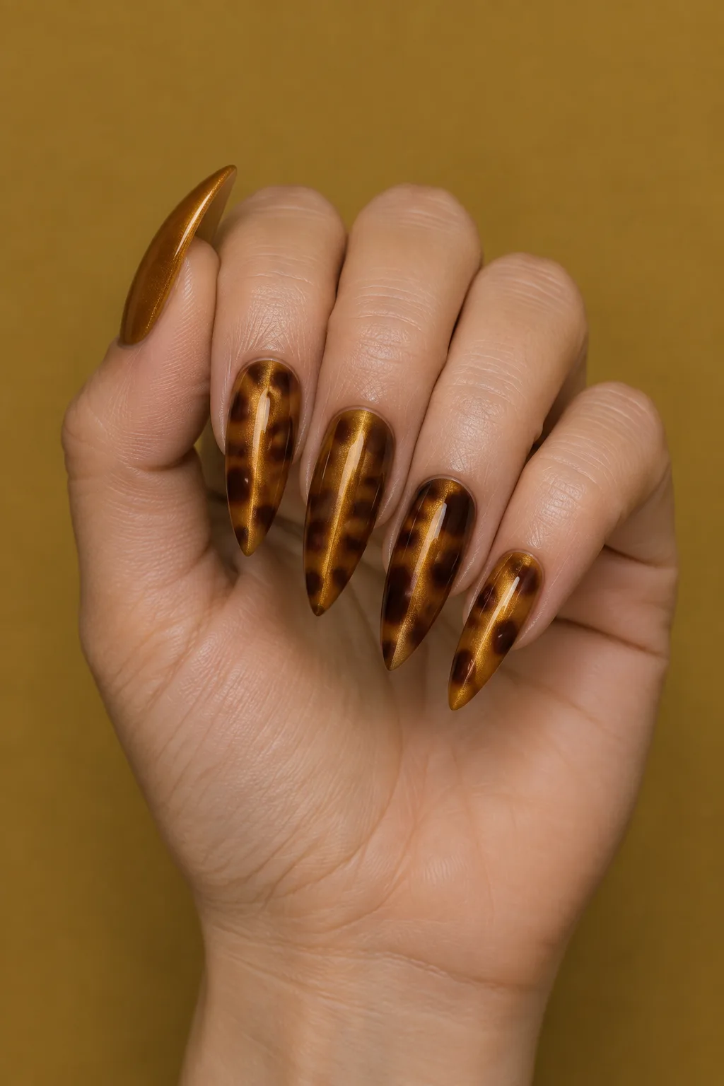 Amber cat eye tortoiseshell nails on long stiletto shape