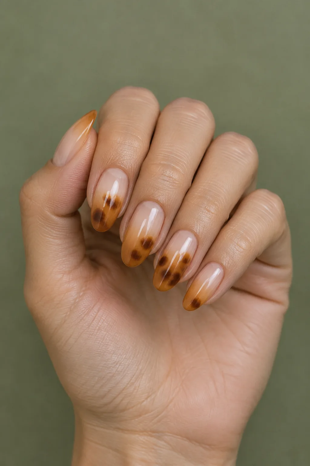 Tortoiseshell nails fading from nude to amber tortie tips