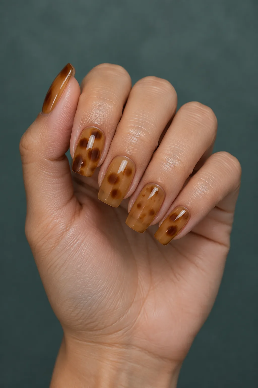 Jelly tortoiseshell nails in translucent amber on short coffin nails