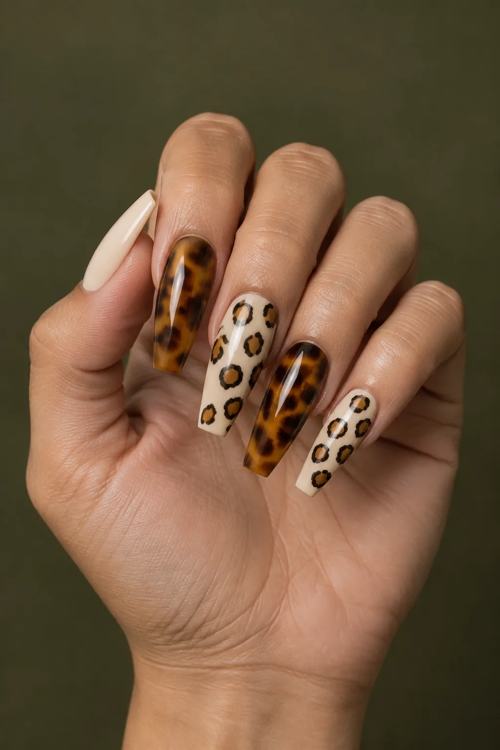 Tortoiseshell nails mixed with caramel leopard print on long ballerina nails