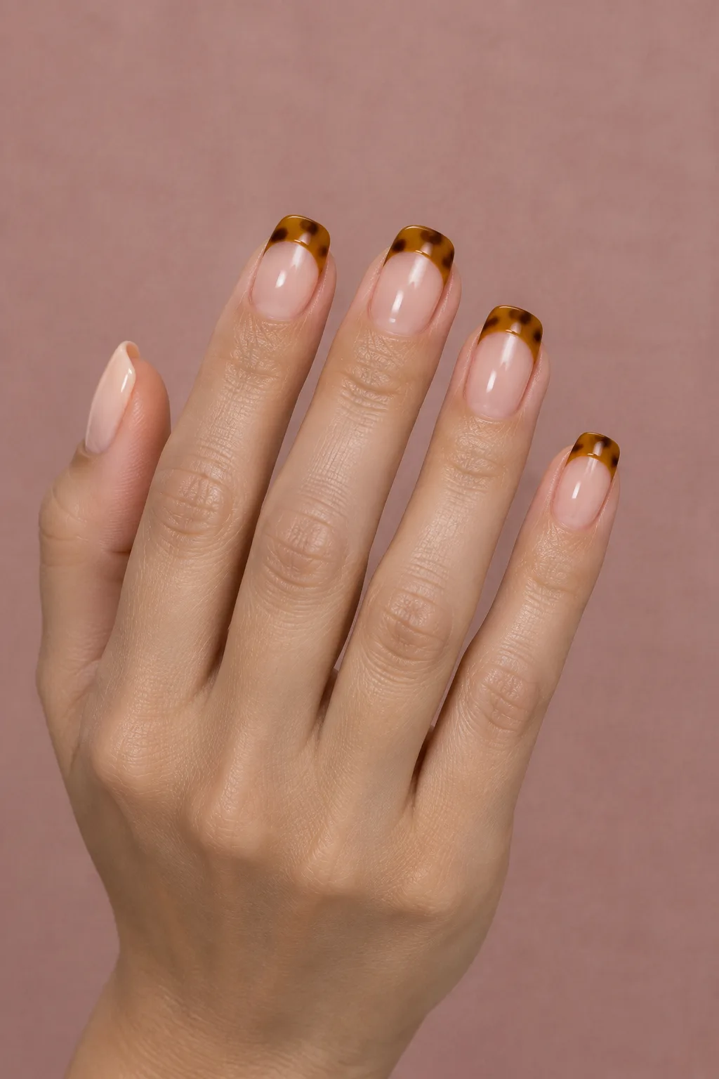 Tortoiseshell nails as amber French tips on short squoval nude nails