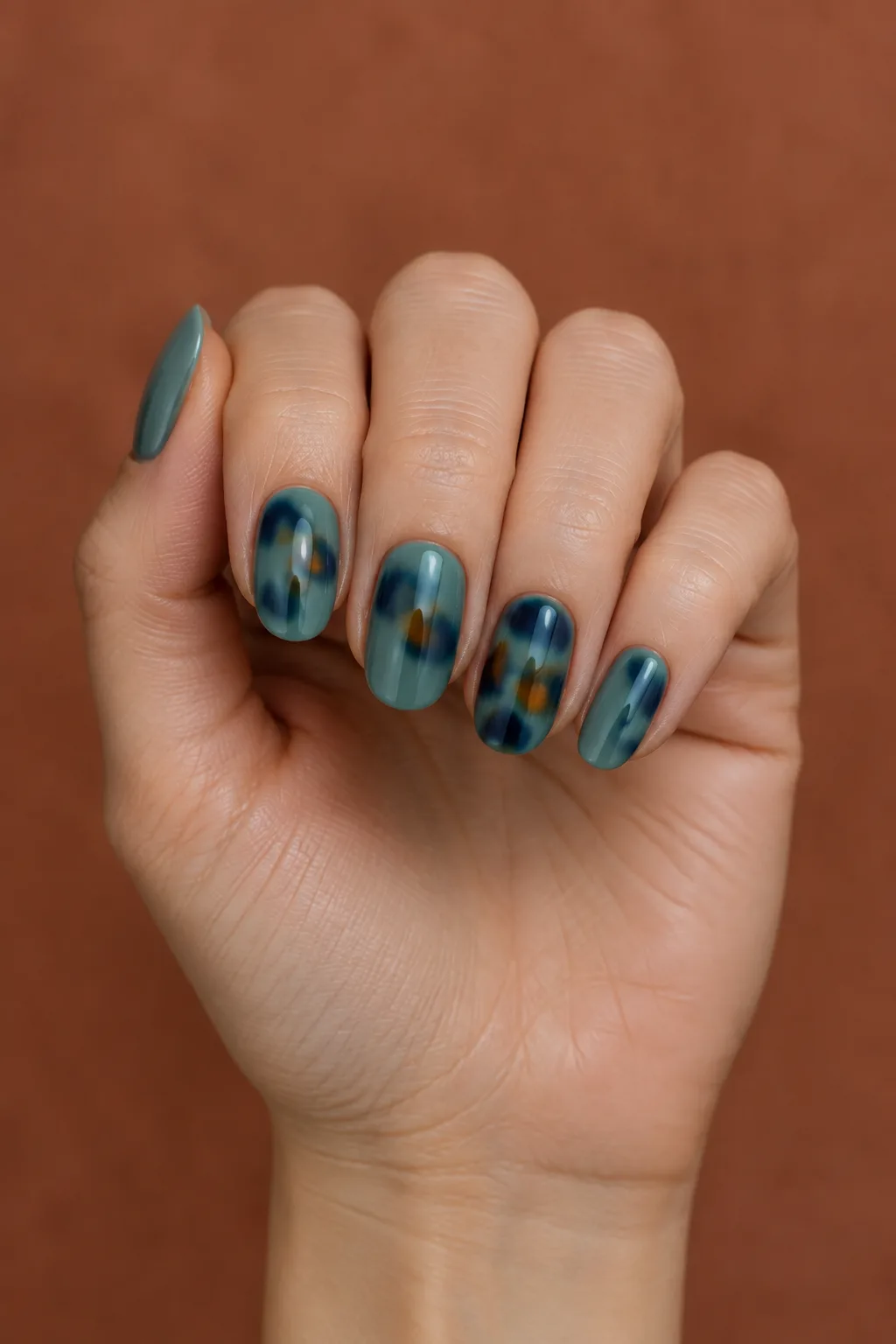 Blue tortoiseshell nails in dusty teal and navy with amber spots