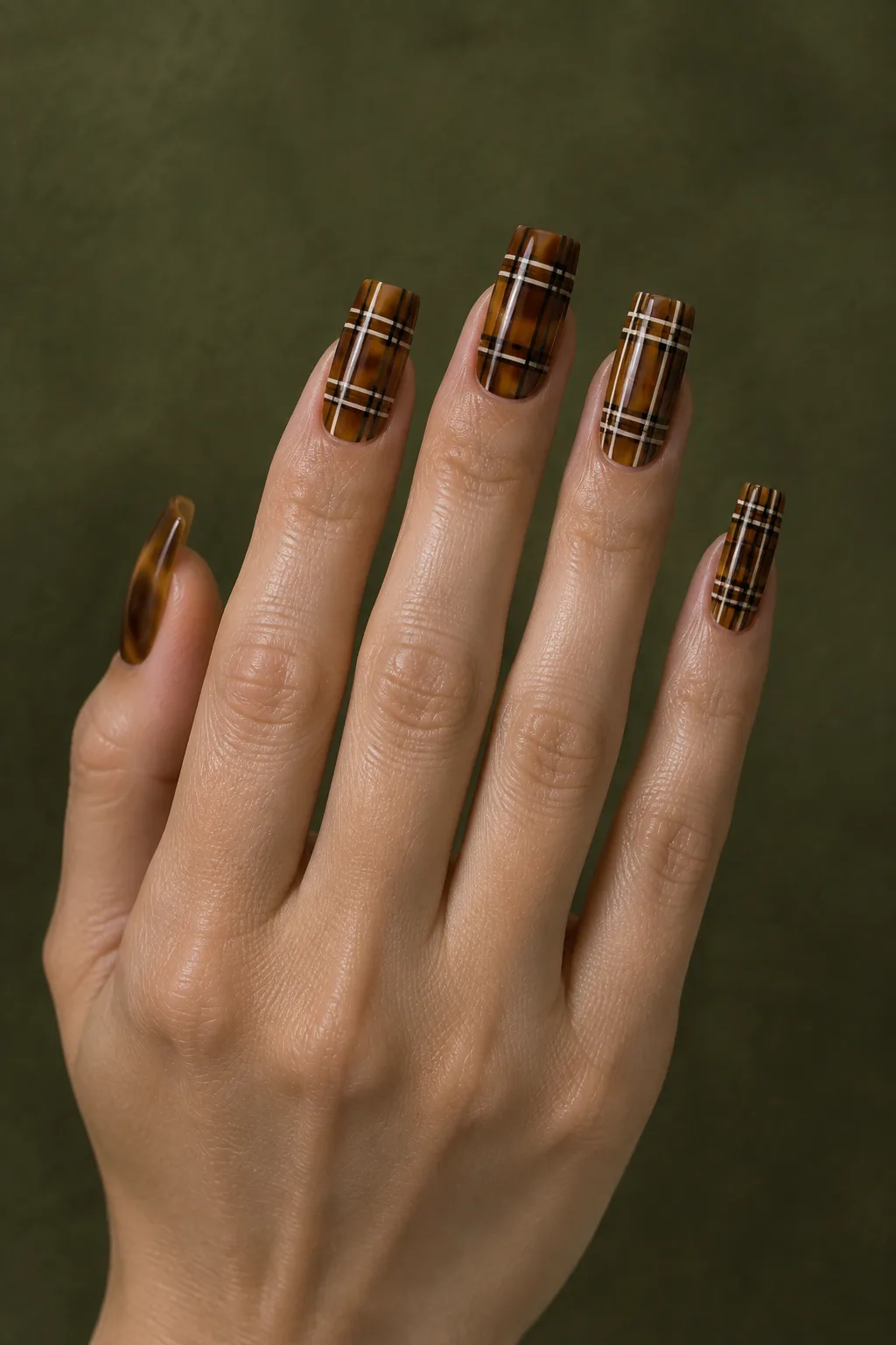 Tortoiseshell nails with cream plaid lines painted over amber blotches