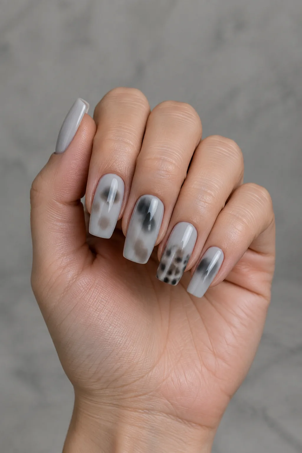 Smoky grey tortoiseshell nails with charcoal blotches on long square nails