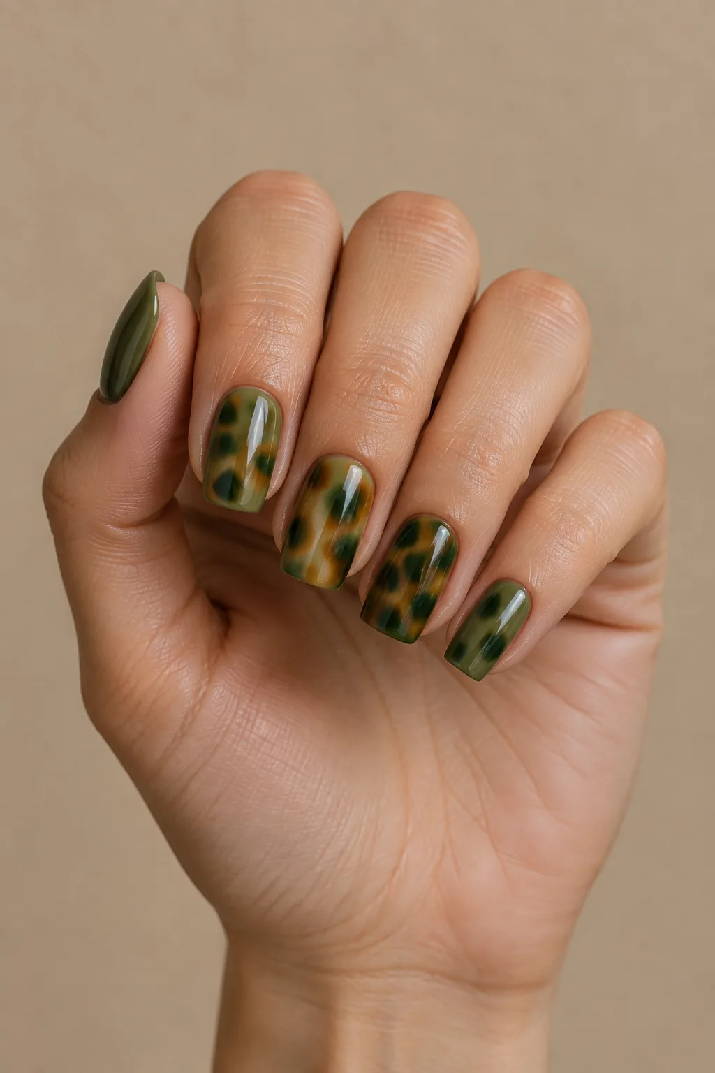 Olive green tortoiseshell nails with amber spots on medium square nails