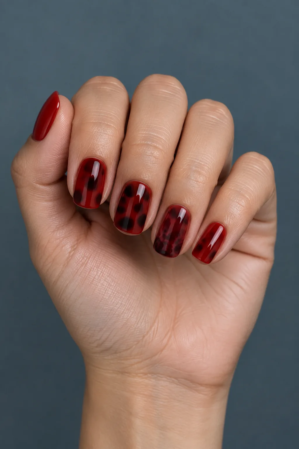 Cherry red tortoiseshell nails with oxblood and black blotches