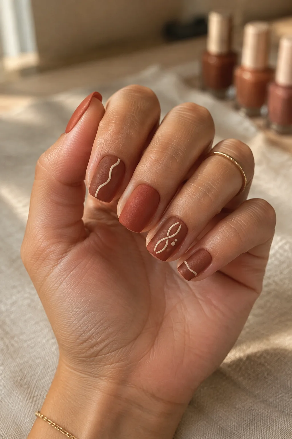 Matte burnt sienna nails with cream swirls, a shade tested before booking