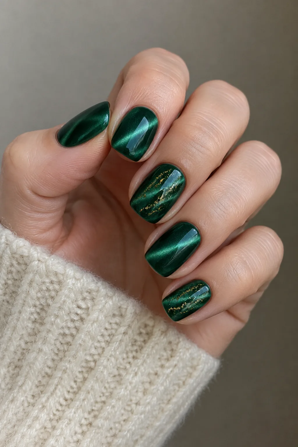 Emerald green velvet nails with diagonal cat-eye shimmer on short square tips