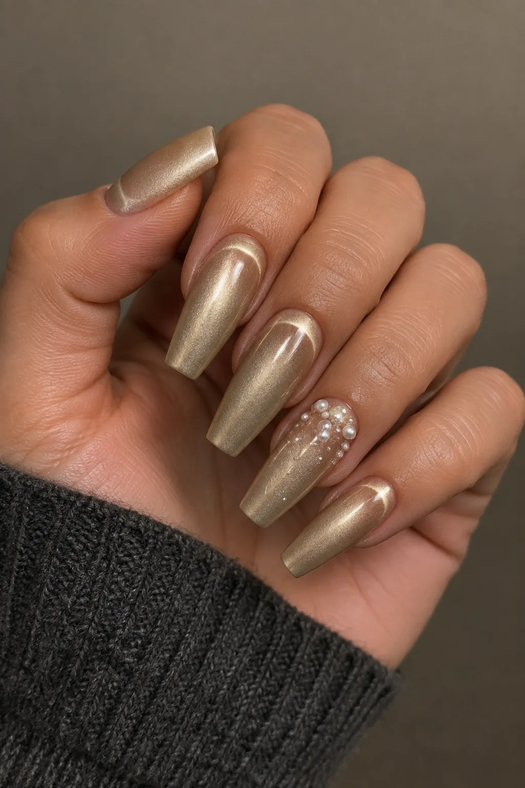 Champagne gold velvet nail look with soft cuticle glow on long coffin shape
